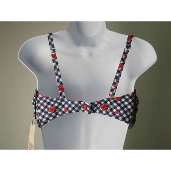 Unique Vintage Navy Gingham Ladybug Bikini Top L Swim Retro Pin-Up L - Picture 4 of 8